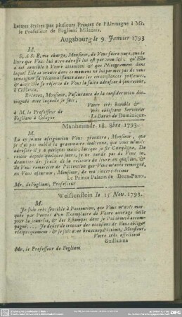 Lettres écrites par le plusieurs Princes de l'Alemagne à Mr. le Professeur de Fogliani Milanais