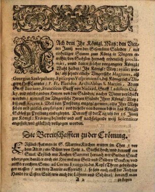Außführliche Beschreibung Der Ungerische[n] Kön: Crönung, Ihrer Mayest: Ferdinandi Quarti, Königs in Hungern, und Böhaimb, Ertzhertzogen zu Oesterreich, [et]c. : So den 16. Junii, im Jahr 1647. am Sontag der Heyligen Dreyfaltigkeit zu Preßburg in S. MartinsKirchen Solenniter vorgangen, und was darbey fürgeloffen