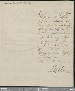 Eigenh. Brief von Rudolf von Wrbna-Freudenthal an August Wilhelm von Schlegel, Wien, 06.05.1808