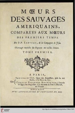 Band 1: Moeurs Des Sauvages Amériquains, Comparées Aux Moeurs Des Premiers Temps: Ouvrage enrichi de Figures en taille-douce