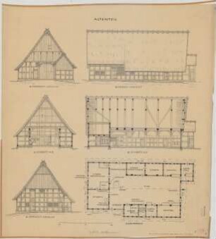 Schröttinghausen (Kreis Halle): Hof Heining. Altenteil (Grundriss, Nordostansicht, Südostansicht, Südwestansicht, Schnitte)