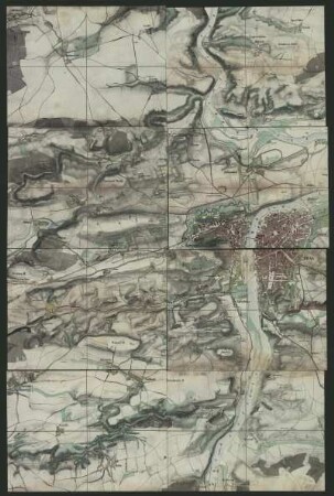 Umgebungskarte von Prag, ca. 1:15 000, Lithographie, ca. 1840 : [Umgebung von Prag]. - [Ca. 1:15 000]. - [S.l.] , [ca. 1840]. - 1 Kt. auf ... Bl. : Kreidelithogr. ; je Bl. 32 x 24 cm. - Mit Schraffen u. Übersichtsbl. auf d. Rücks. von Bl. 8