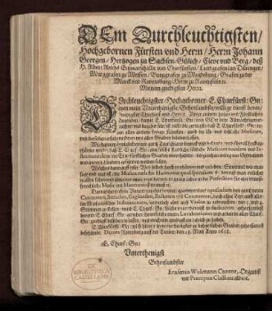 Dedikation an Johann Georg Herzog zu Sachsen von Erasmus Widmann