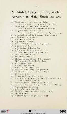 IV. Möbel, Spiegel, Stoffe, Waffen, Arbeiten in Holz, Stroh etc. etc. (Nr. 140-197)
