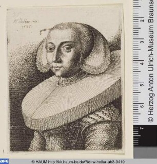 Brustbild einer Frau mit Stirnnadel und Mühlsteinkragen