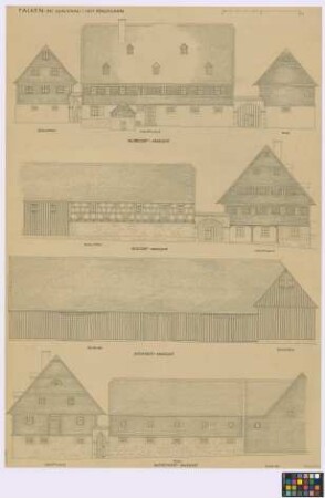 Falken ([Amtshauptmannschaft Glauchau]): Hof Bergmann. - Schuppen (Nord-Ost-Giebel-Ansicht, Süd-Ost-Seiten-Ansicht, Süd-West-Giebel-Ansicht). - Haupthaus (Nord-Ost-Seiten-Ansicht, Süd-Ost-Giebel-Ansicht, Nord-West-Giebel-Ansicht). - Stall (Nord-Ost-Giebel-Ansicht, Nord-West-Seiten-Ansicht). - Einfahrtstor 1 (Nord-Ost-Ansicht, Süd-Ost-Ansicht). - Einfahrtstor 2 (Nord-Ost-Ansicht, Nord-West-Ansicht). - [Backofen] (Nord-Ost-Giebel-Ansicht)