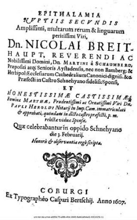 Epithalamia Nuptiis Secundis ... Dn. Nicolai Breithaupt ... Praefecti in Castro Schnehyano fideliss: Sponsi, Et ... Foeminae Marthae ... Dn. Pauli Heroldi ... relictae viduae Sponsae