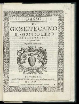 Gioseppe Caimo: Il secondo libro di canzonette à quattro voci ... Basso