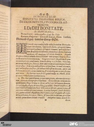 Disputatio Theologiae Biblicae, De Dei Bonitate, et Cognatis Attributis. I. De Dei Bonitate.