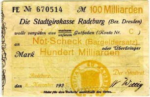Not-Scheck (Bargeldersatz) über Hundert Milliarden Mark