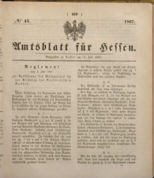 № 45. Ausgegeben zu Cassel am 13. Juli 1867.