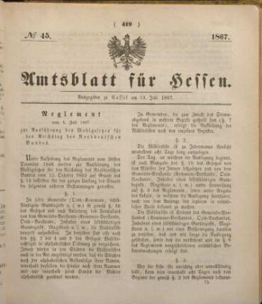 № 45. Ausgegeben zu Cassel am 13. Juli 1867.