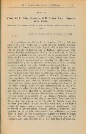 Núm. 19. Carta del P. Pablo Cavallería al R. P. Juan Ricart, Superior de la Misión