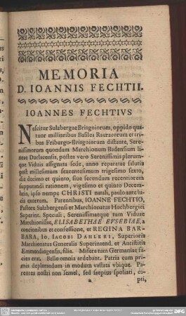 Memoria D. Ioannis Fechtii