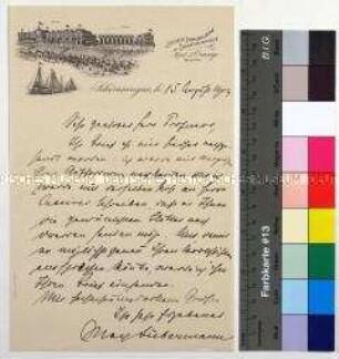 Eigenhändiger Brief von Max Liebermann an Hans W. Singer in Dresden über die Veröffentlichung seiner Werke in Ausstellungen, mit Beilagen; Scheveningen, 15. Aug. 1903