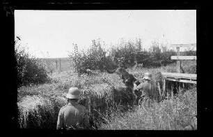 Bei Namur (Belgien): 2 Soldaten mit Stahlhelm in einem Graben, am Grabenrand ein Hund (Rückansicht, Distanzaufnahme)