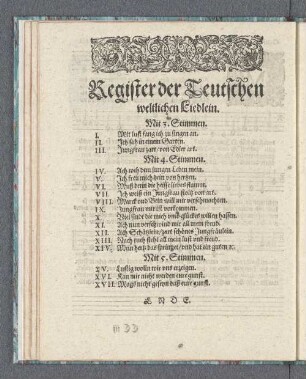 Register der Teutschen weltlichen Liedlein