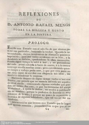 REFLEXIONES DE D. ANTONIO RAFAEL MENGS SOBRE LA BELLEZA Y GUSTO EN LA PINTURA.
