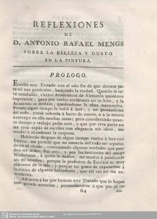 REFLEXIONES DE D. ANTONIO RAFAEL MENGS SOBRE LA BELLEZA Y GUSTO EN LA PINTURA.