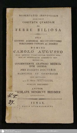 Dissertatio Inavgvralis Exhibens Cogitata Qvaedam De Febre Biliosa