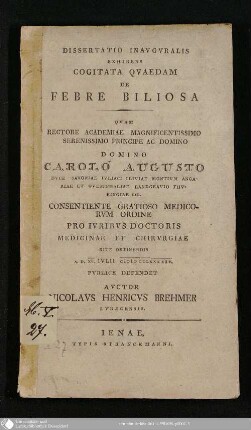 Dissertatio Inavgvralis Exhibens Cogitata Qvaedam De Febre Biliosa