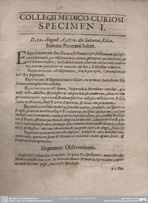 COLLEGII MEDICO-CURIOSI SPECIMEN I.