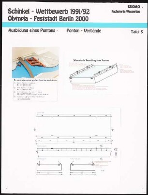 Museumshafen im Humboldthafen, Berlin Schinkelwettbewerb 1992: Ausbildung eines Pontons und Ponton-Verbände: Modellfoto, perspektivische Ansicht, Draufsicht, Ansichten 1:100