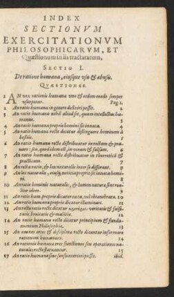 Index Sectionum Exercitationum Philosophicarum, Et Quaestionum in iid tractatum, ...