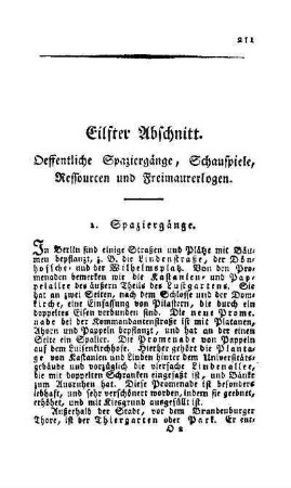 Eilfter Abschnitt. Oeffentliche Spaziergänge, Schauspiele, Ressourcen und Freimaurerlogen