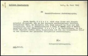 Brief; Referat Kunstschutz an Geschäftszimmer Stabskompagnie