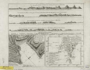 Karte der Wasserstraße Le Marie in Patagonien, 1:2 650 000, Kupferstich, 1769 : Charte von dem S.O. Theil von Terra del Fuego mit Inbegriff der Straße le Marie und einem Theil von Staaten Land=Carte de la partie S.E. de la Terre de Feu comprenant le Detroit De Le Maire et une partie de la Terre des Etats = Plan de la Baye Du Bon Succés dans le D?troit de la Maire / durch den Lieut. I Cook. C. B. Glaßbach sculps.. - [Ca. 1:2 650 000]. - [S.l.] , [nach 1769]. - 2 Kt. auf 1 Bl. : Kupferstich