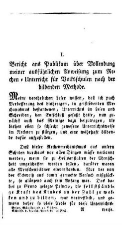Bericht ans Publikum über Vollendung meiner ausführlichen Anweisung zum Rechen-Unterricht für Volksschulen nach der bildenden Methode