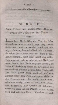 XI. Rede. Vom Troste des wahrhaften Maurers gegen die Schrecken des Todes.