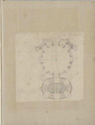 Schloss, Entwurf zu Saal und Treppenhaus, Grundriss : Schloss, Entwurfsskizze zu Saal und Treppenhaus eines Corps de logis, Grundriss, unbekannter Zeichner. Feder, Graphit/Papier. 49 x 37 cm (Blatt), 27,3 x 26,6 cm (aufgeklebte Zeichnung).