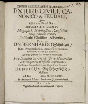 Theses Miscellaneae Inaugurales Ex Iure Civili, Canonico, Feudali