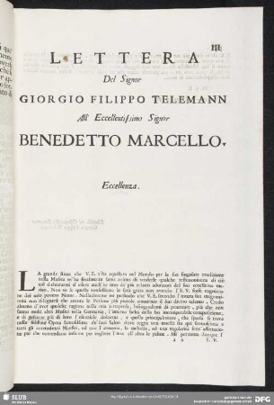 Lettera Giorgio Filippo Telemann - Benedetto Marcello