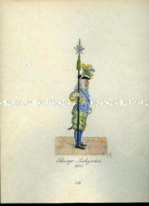 Uniformdarstellung, Schweizer Leibgardist, 1810. Aus: Sammelmappe "Sachsens Militär", Königliche Arsenalsammlung.