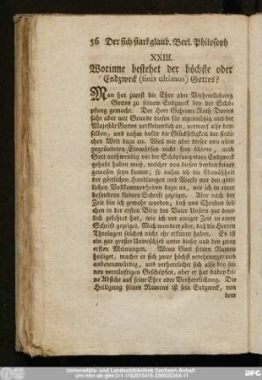 XXIII. Worinne bestehet der höchste oder Endzweck (finis ultimus) Gottes?