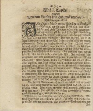 Das I. Capitel handelt Von dem Vorsatz und Endzweck des Satyrischen Componistens.