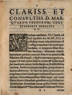 Ad Clariss. Virum Marquardum Freherum Consiliarium Electoralem Palatinum. Epistola monitoria Christophori Gewoldi D. Ducalis Bavarici Consiliarii