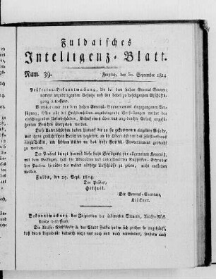 Num. 39, Ausgabe vom 30. September 1814