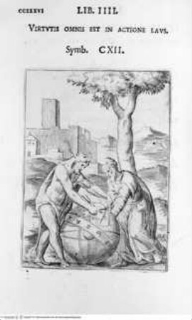 Achillis Bocchii Bonon. symbolicarum quaestionum, ... Libri quinque., 4. Buch, Seite CCXXXVI, Symbol CXII: Virtutis omnis est in actione laus: Herkules und Atlas