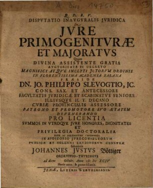 Dispvtatio Inavgvralis Jvridica De Jvre Primogenitvræ Et Majoratvs