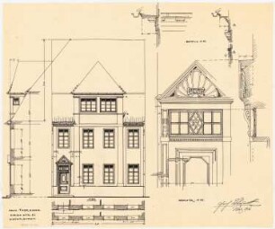 Fassaden der nach dem Brand am 17. Juni 1915 wiederaufgebauten Häuser, Duderstadt: Aufriss: Ansicht von der Straße 1:50; Fassadenschnitte horizontal und vertikal 1:50; Details 1:10: Haustür (mit Vertikalschnitt) und Gesims