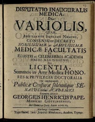 Disputatio Inauguralis Medica De Variolis