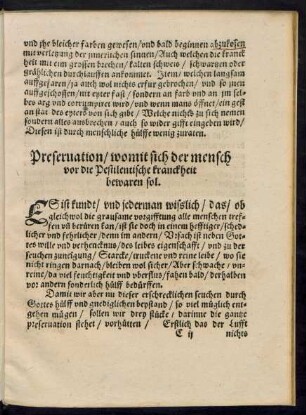 Preservation/ womit sich der mensch vor die Pestilentische kranckheit bewaren sol.
