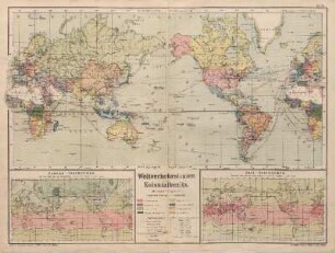 Weltverkehrslinien und Kolonialbesitz. (Mercator-Projektion) Januar-Isothermen, Juli-Isothermen