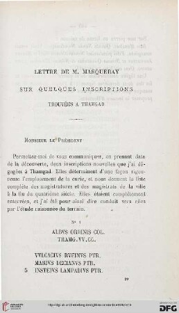 Lettre de M. Masqueray sur quelques inscriptions trouvées à Thamgad