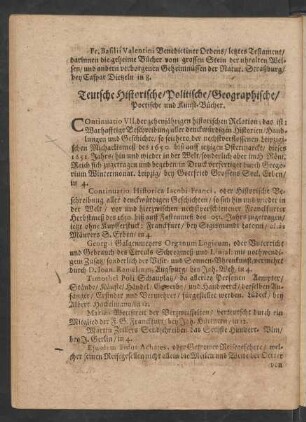Teutsche Historische/ Politische/ Geographische/ Poetische und Kunst-Bücher.