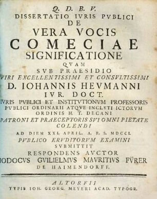 Dissertatio Ivris Pvblici De Vera Vocis Comeciae Significatione